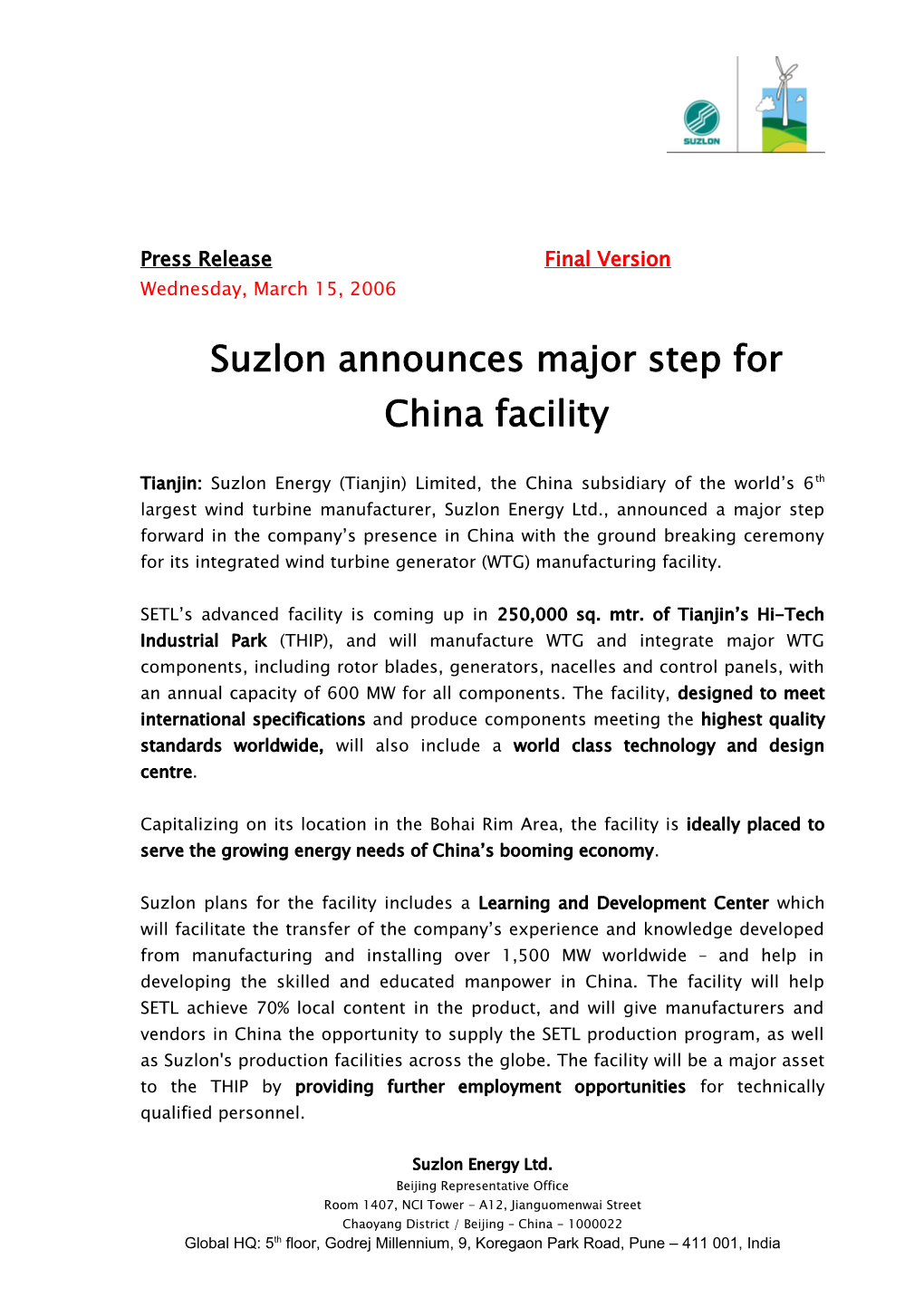 Suzlon Announces Major Step for China Facility