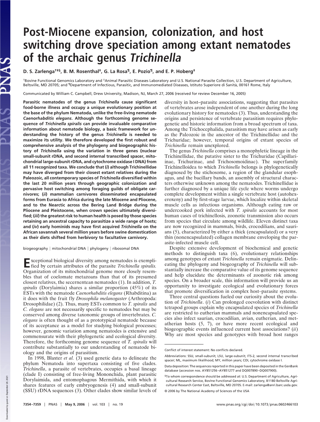 Post-Miocene Expansion, Colonization, and Host Switching Drove Speciation Among Extant Nematodes of the Archaic Genus Trichinella