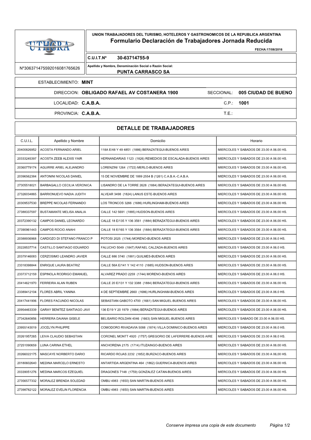 Formulario Declaración De Trabajadores Jornada Reducida