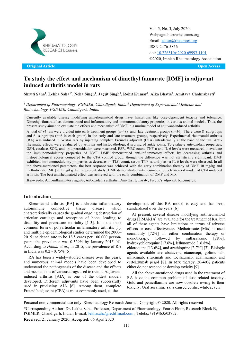 To Study the Effect and Mechanism of Dimethyl Fumarate [DMF] in Adjuvant Induced Arthritis Model in Rats