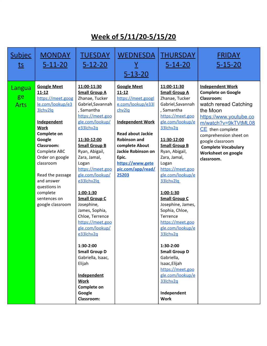 Week of 5/11/20-5/15/20 Subjec Ts MONDAY 5-11-20 TUESDAY 5-12