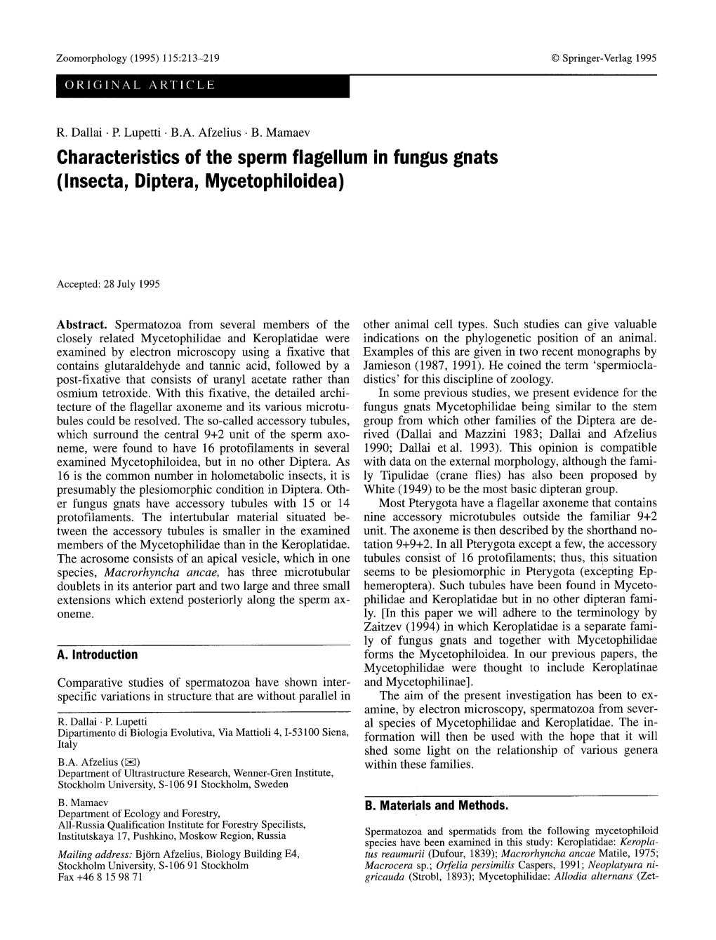 Characteristics of the Sperm Flagellum in Fungus Gnats (Insecta, Diptera, Mycetophiloidea)