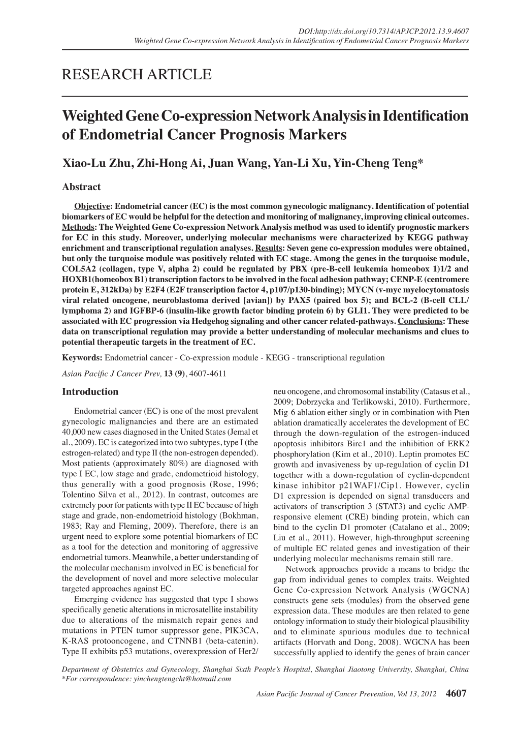 Weighted Gene Co-Expression Network Analysis in Identification of Endometrial Cancer Prognosis Markers