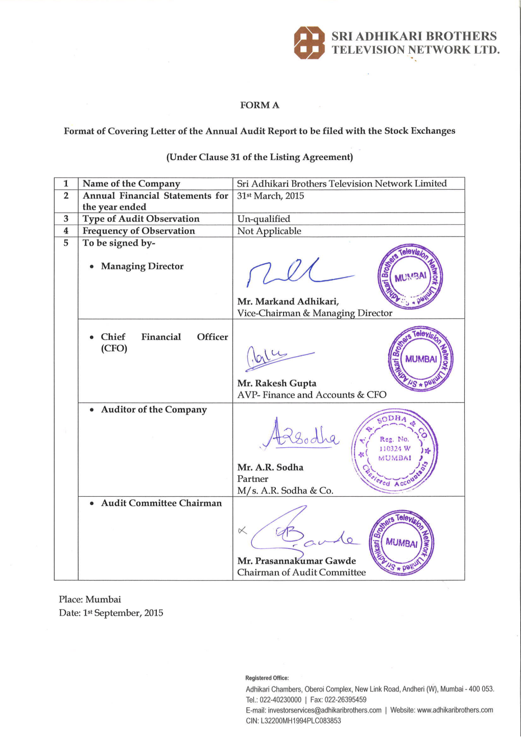 SRI ADHIKARI BROTHERS TELEVISION NETWORK LIMITED 20TH ANNUAL REPORT 2014-2015 C O N T E N T S Page No