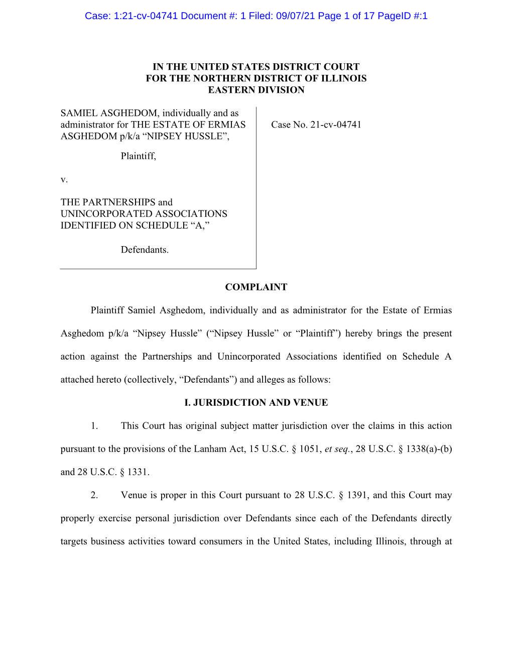 IN the UNITED STATES DISTRICT COURT for the NORTHERN DISTRICT of ILLINOIS EASTERN DIVISION SAMIEL ASGHEDOM, Individually and As