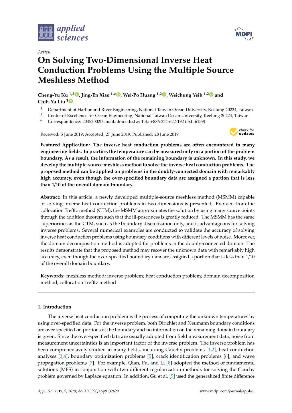 On Solving Two-Dimensional Inverse Heat Conduction Problems Using the Multiple Source Meshless Method