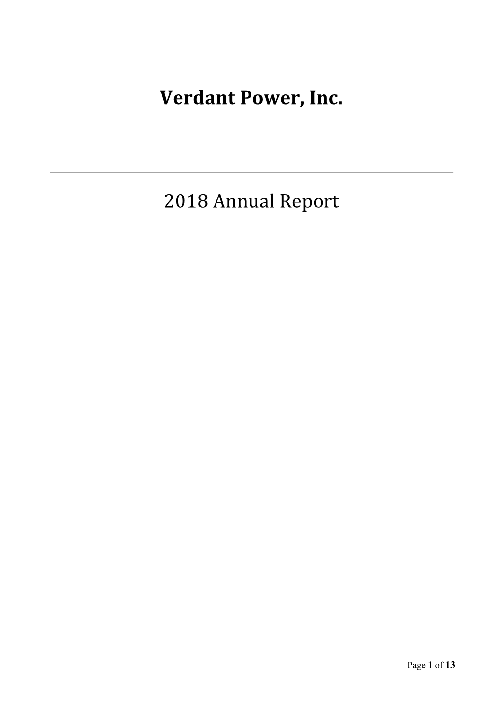 Verdant Power, Inc. 2018 Annual Report
