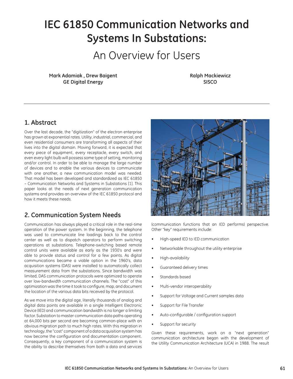 IEC 61850 Communication Networks and Systems in Substations: an Overview for Users