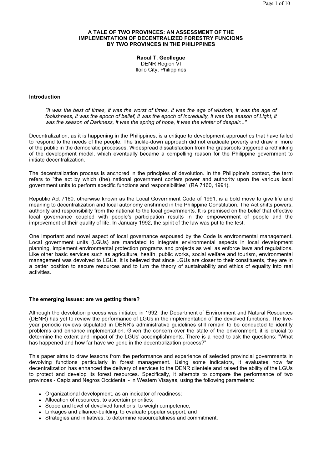 An Assessment of the Implementation of Decentralized Forestry Funcions by Two Provinces in the Philippines