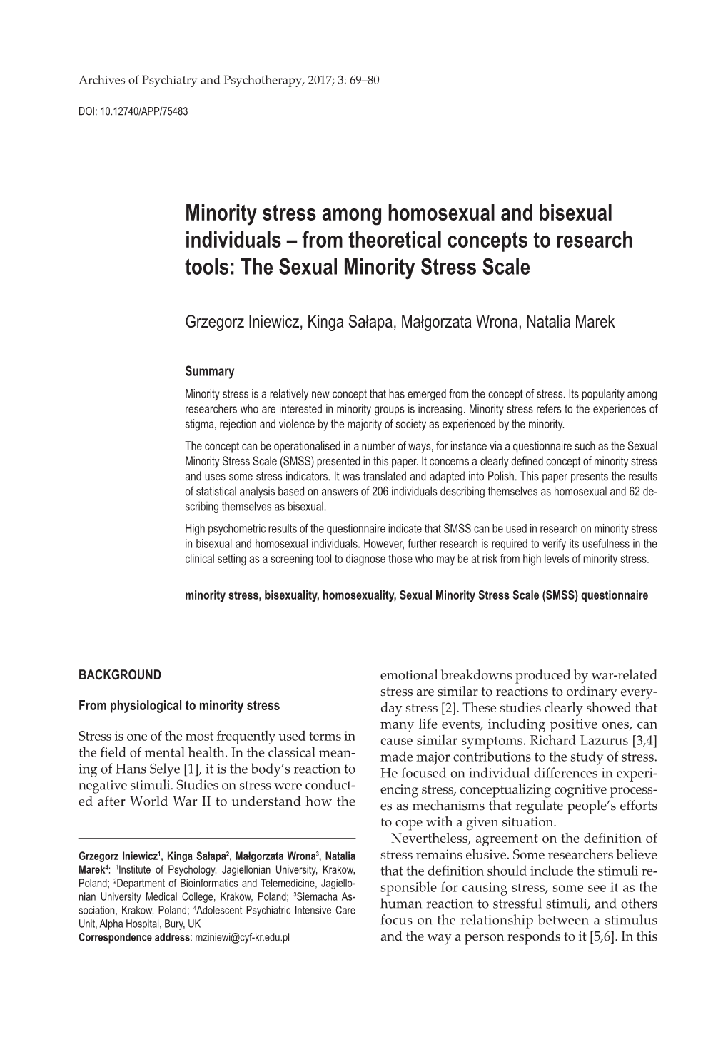 Minority Stress Among Homosexual and Bisexual Individuals – from Theoretical Concepts to Research Tools: the Sexual Minority Stress Scale