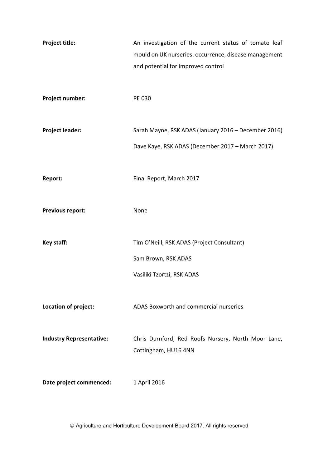 An Investigation of the Current Status of Tomato Leaf Mould on UK Nurseries: Occurrence, Disease Management and Potential for Improved Control