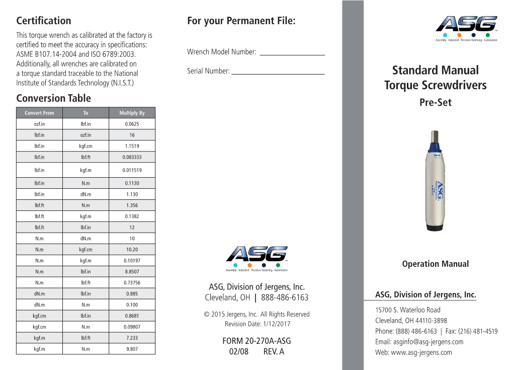 Standard Manual Torque Screwdrivers