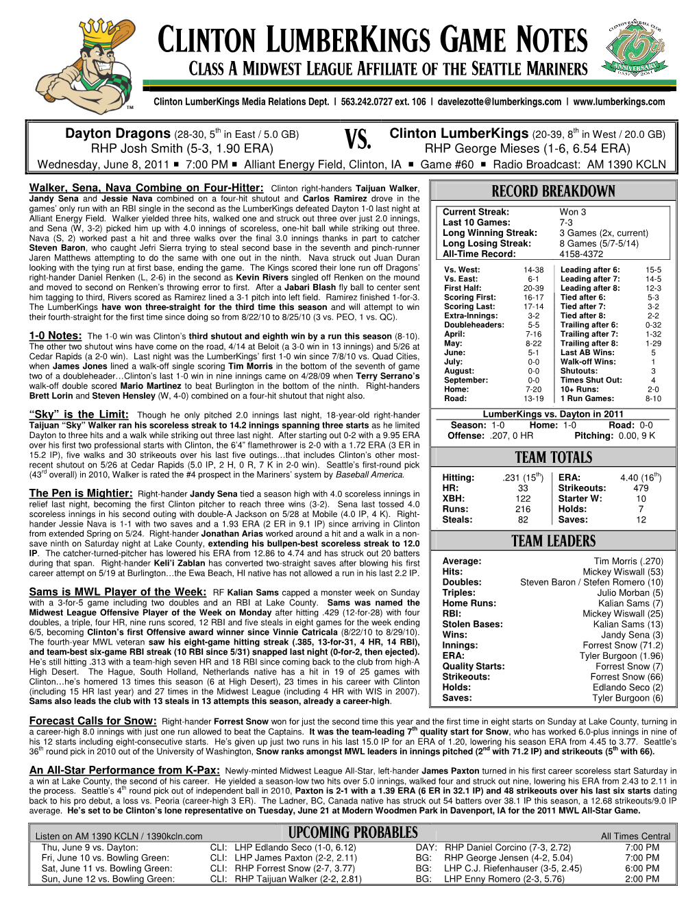 Clinton Lumberkings Game Notes Class a Midwest League Affiliate of the Seattle Mariners