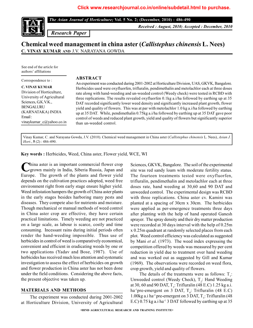 Chemical Weed Management in China Aster (Callistephus Chinensisl. Nees)