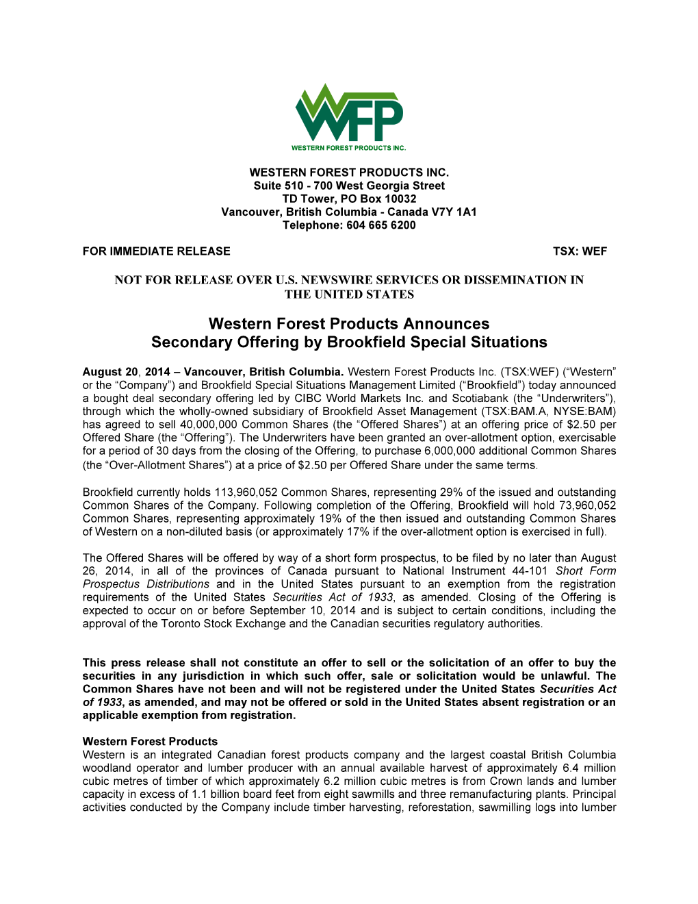Western Forest Products Announces Secondary Offering by Brookfield Special Situations