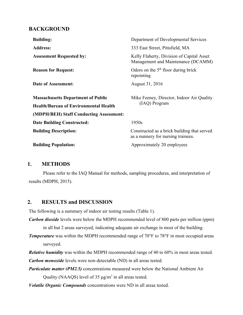 Indoor Air Quality Assessment - Department of Developmental Services, Berkshire Regional