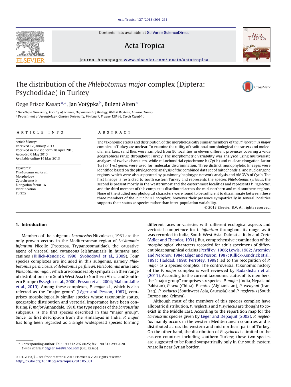 The Distribution of the Phlebotomus Major Complex (Diptera: Psychodidae) in Turkey