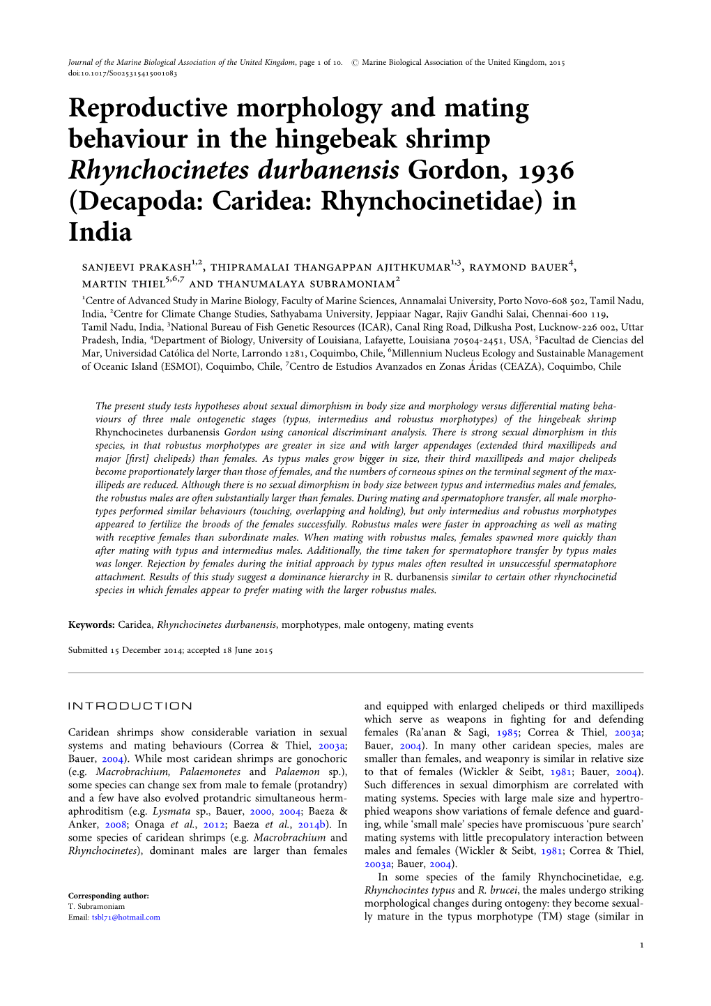 Reproductive Morphology and Mating Behaviour in the Hingebeak Shrimp