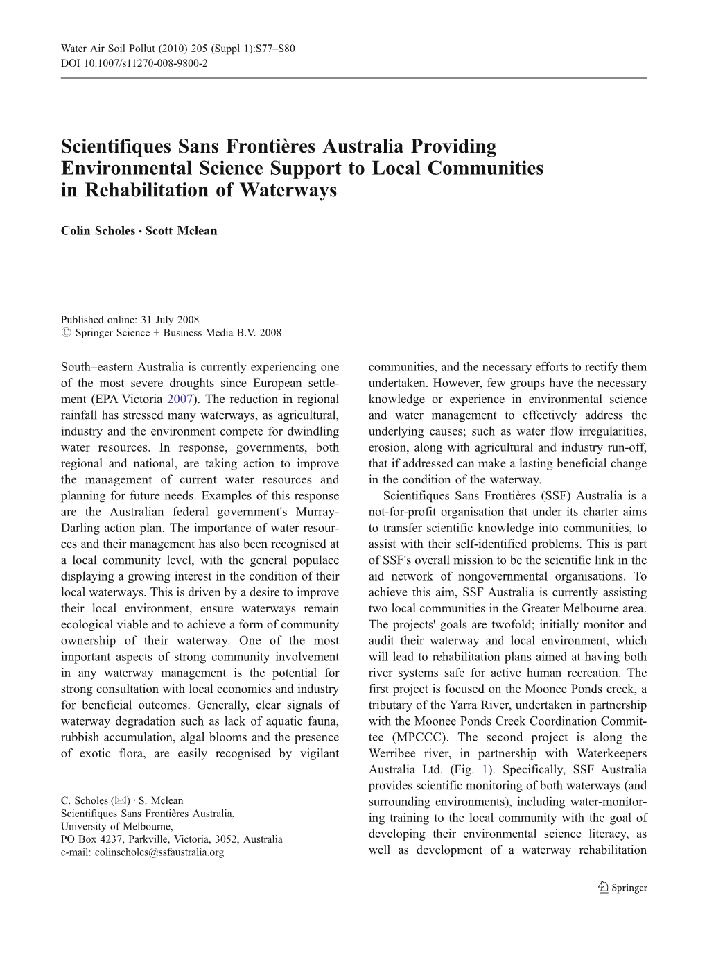 Scientifiques Sans Frontières Australia Providing Environmental Science Support to Local Communities in Rehabilitation of Waterways