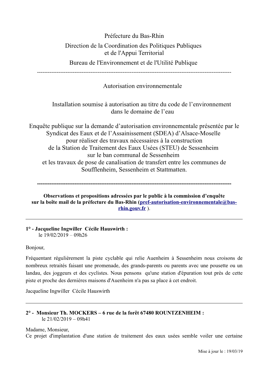 Préfecture Du Bas-Rhin Direction De La Coordination Des Politiques Publiques Et De L'appui Territorial Bureau De L'environnement Et De L'utilité Publique