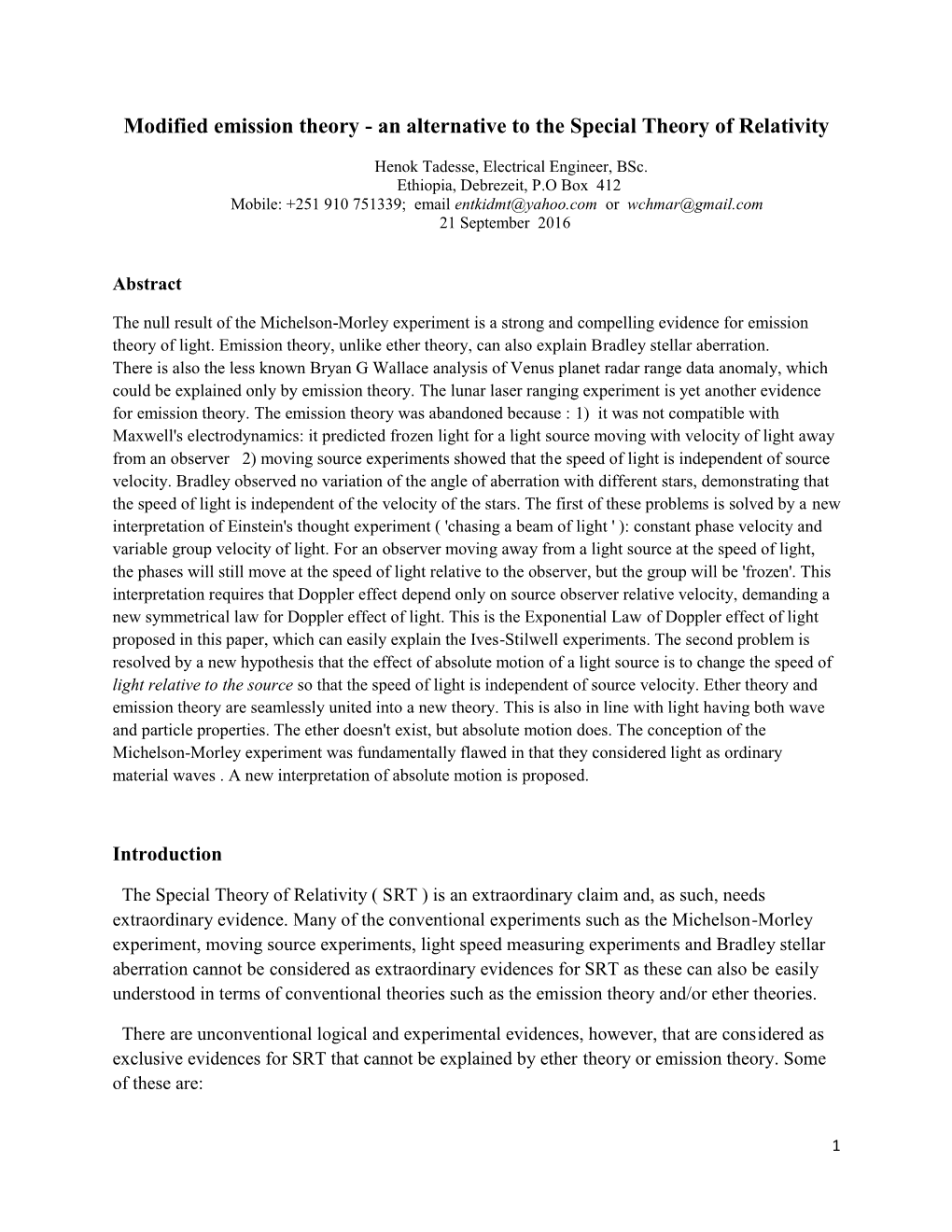 Modified Emission Theory - an Alternative to the Special Theory of Relativity