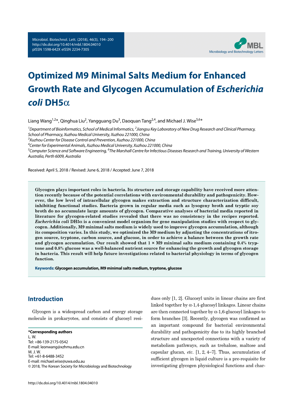 Optimized M9 Minimal Salts Medium for Enhanced Growth Rate and Glycogen Accumulation of Escherichia Coli Dh5α