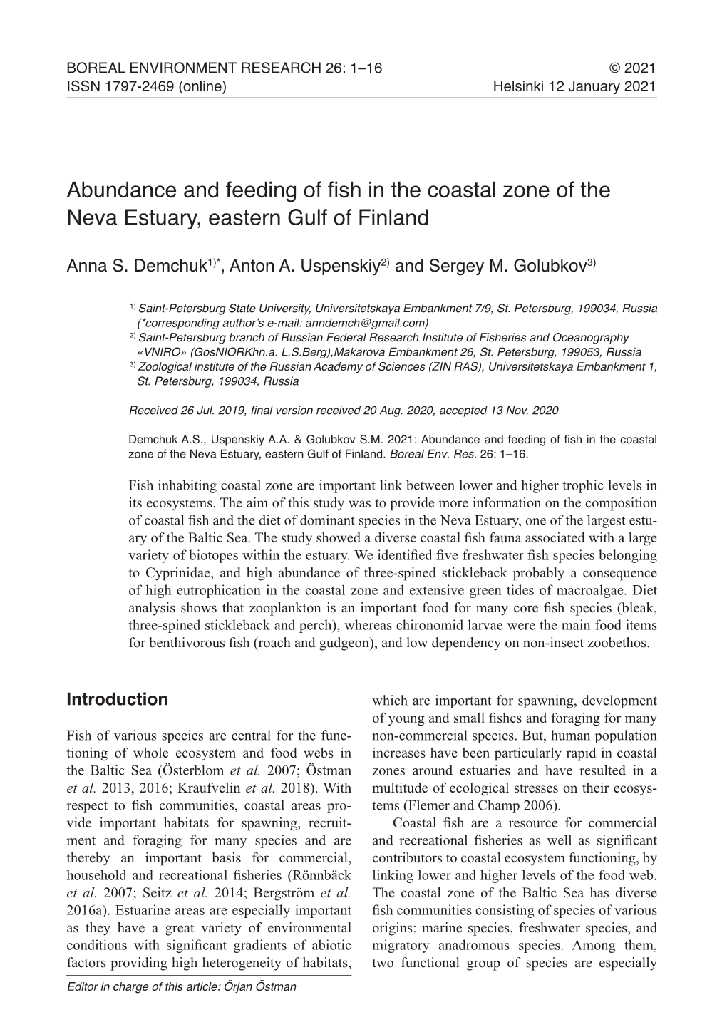 Abundance and Feeding of Fish in the Coastal Zone of the Neva Estuary, Eastern Gulf of Finland