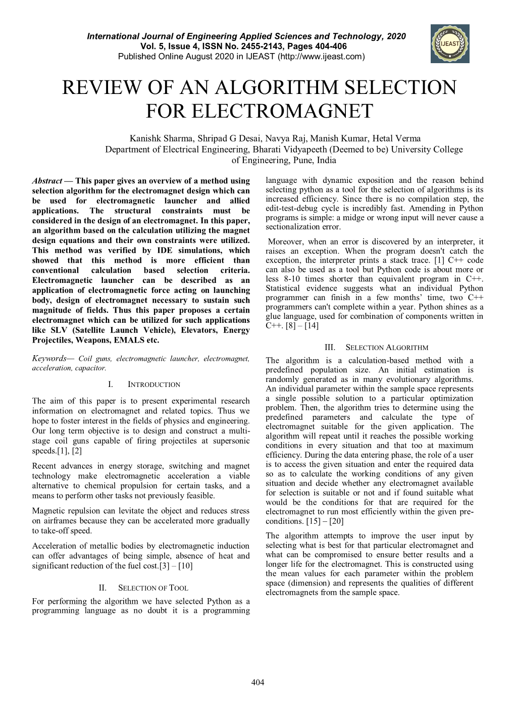 Review of an Algorithm Selection for Electromagnet