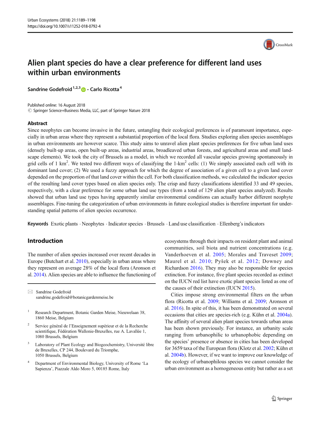 Alien Plant Species Do Have a Clear Preference for Different Land Uses Within Urban Environments