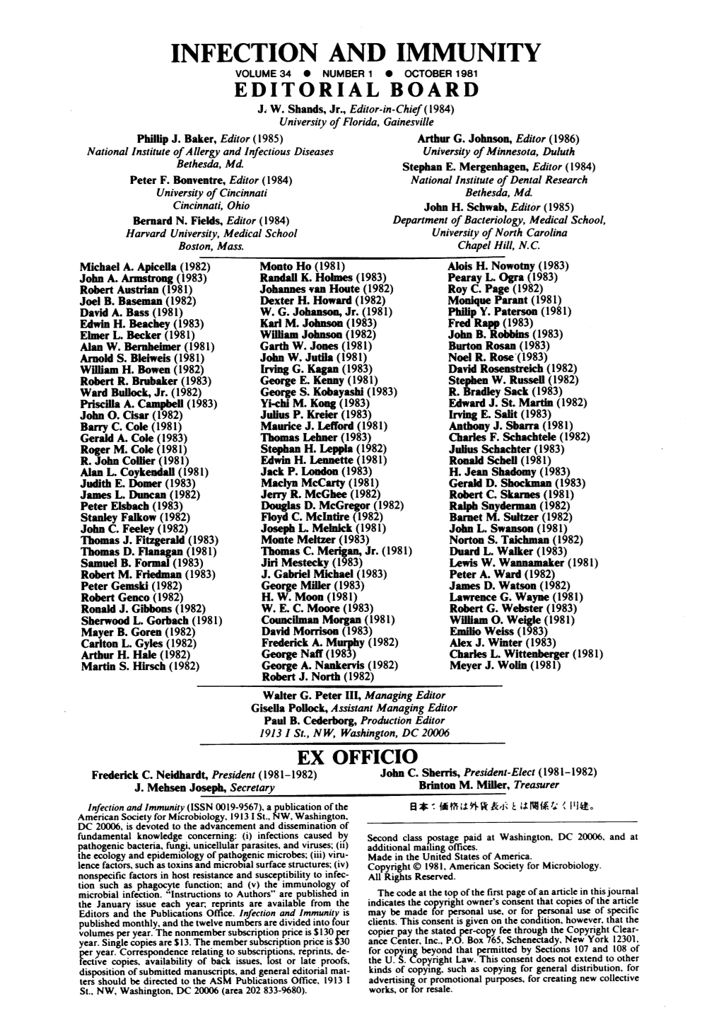 Infection and Immunity Volume 34 0 Number 1 0 October 1981 Editorial Board J