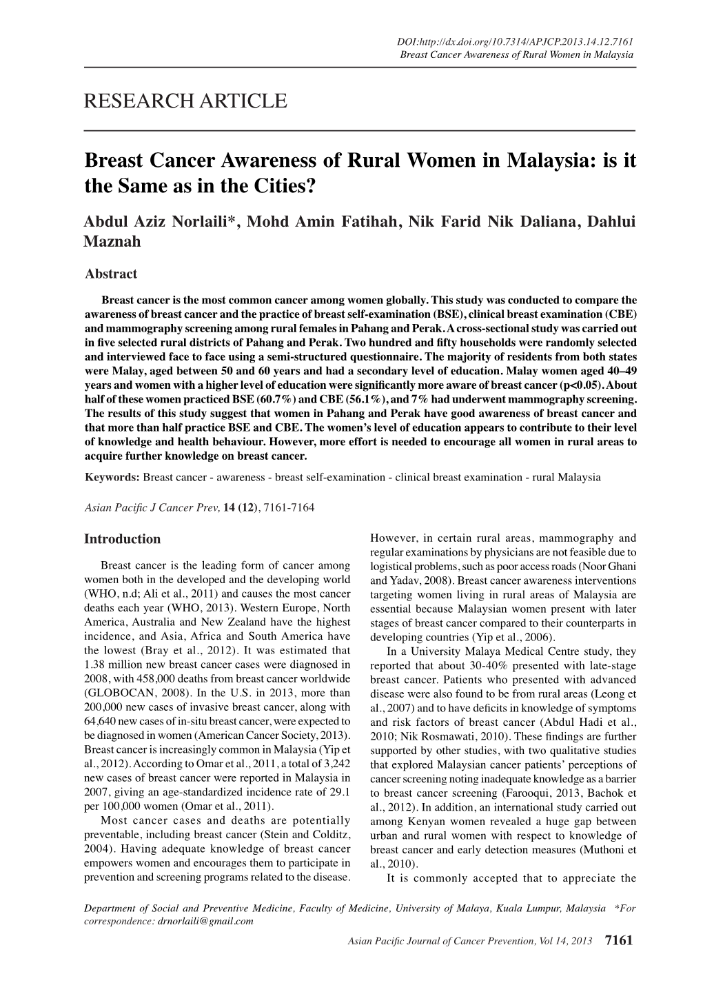 Breast Cancer Awareness of Rural Women in Malaysia