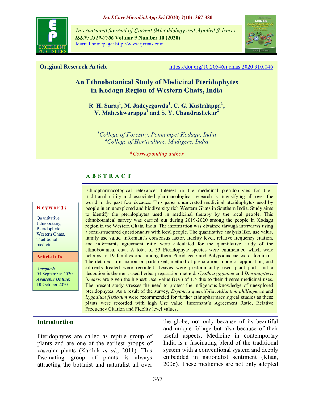 An Ethnobotanical Study of Medicinal Pteridophytes in Kodagu Region of Western Ghats, India