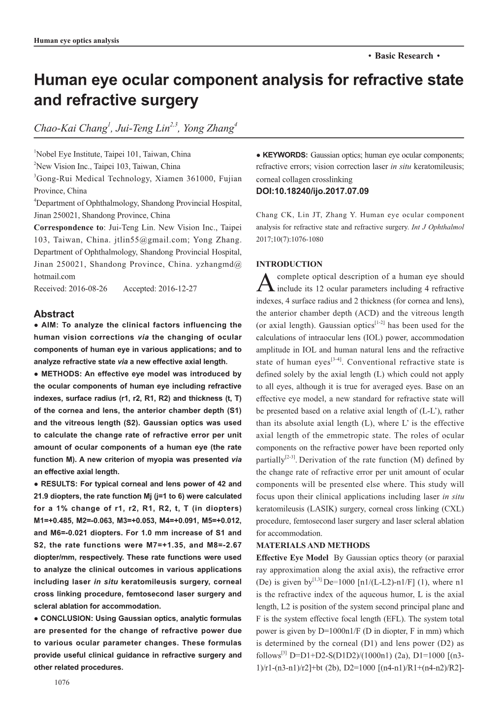 Human Eye Ocular Component Analysis for Refractive State and Refractive Surgery