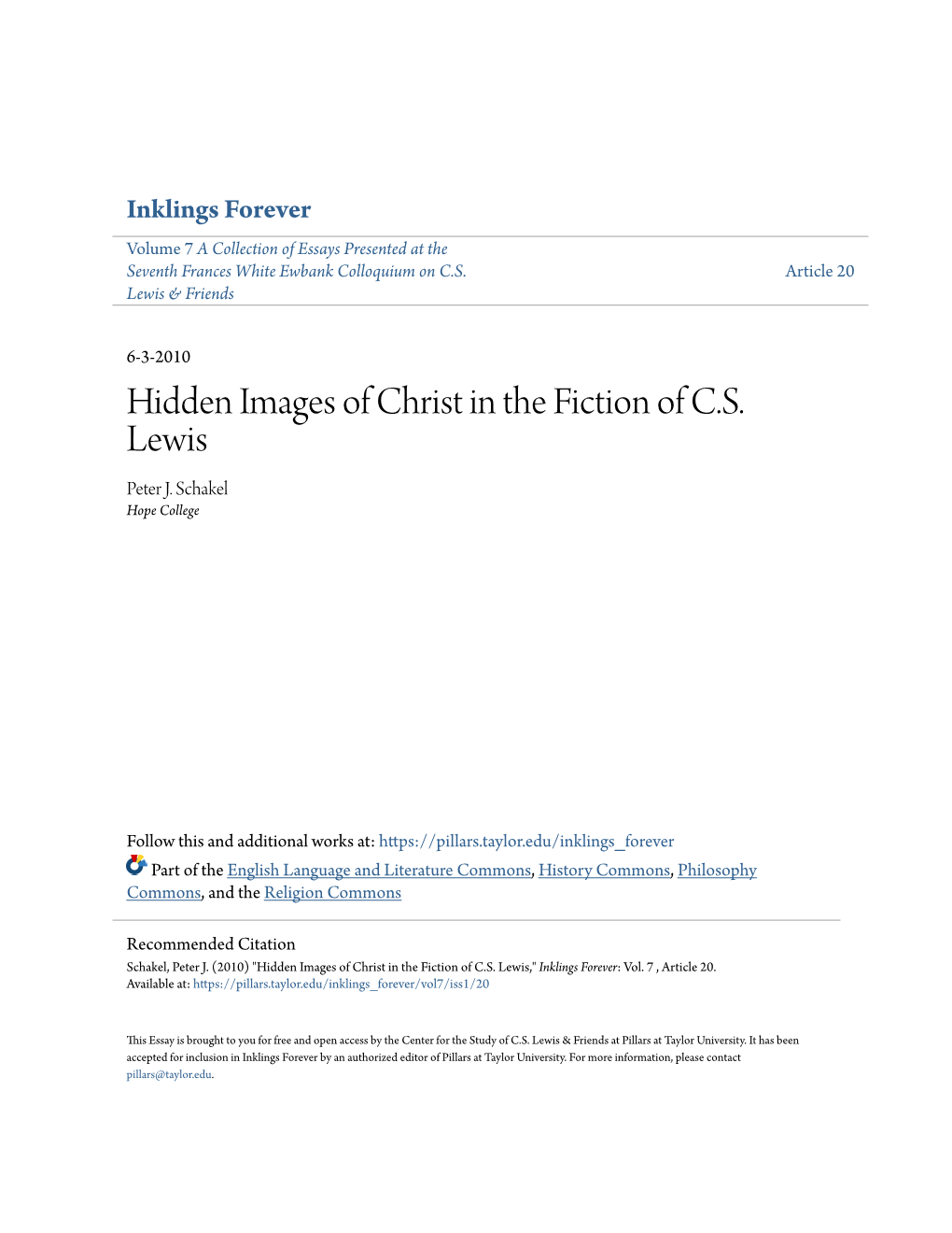 Hidden Images of Christ in the Fiction of C.S. Lewis Peter J