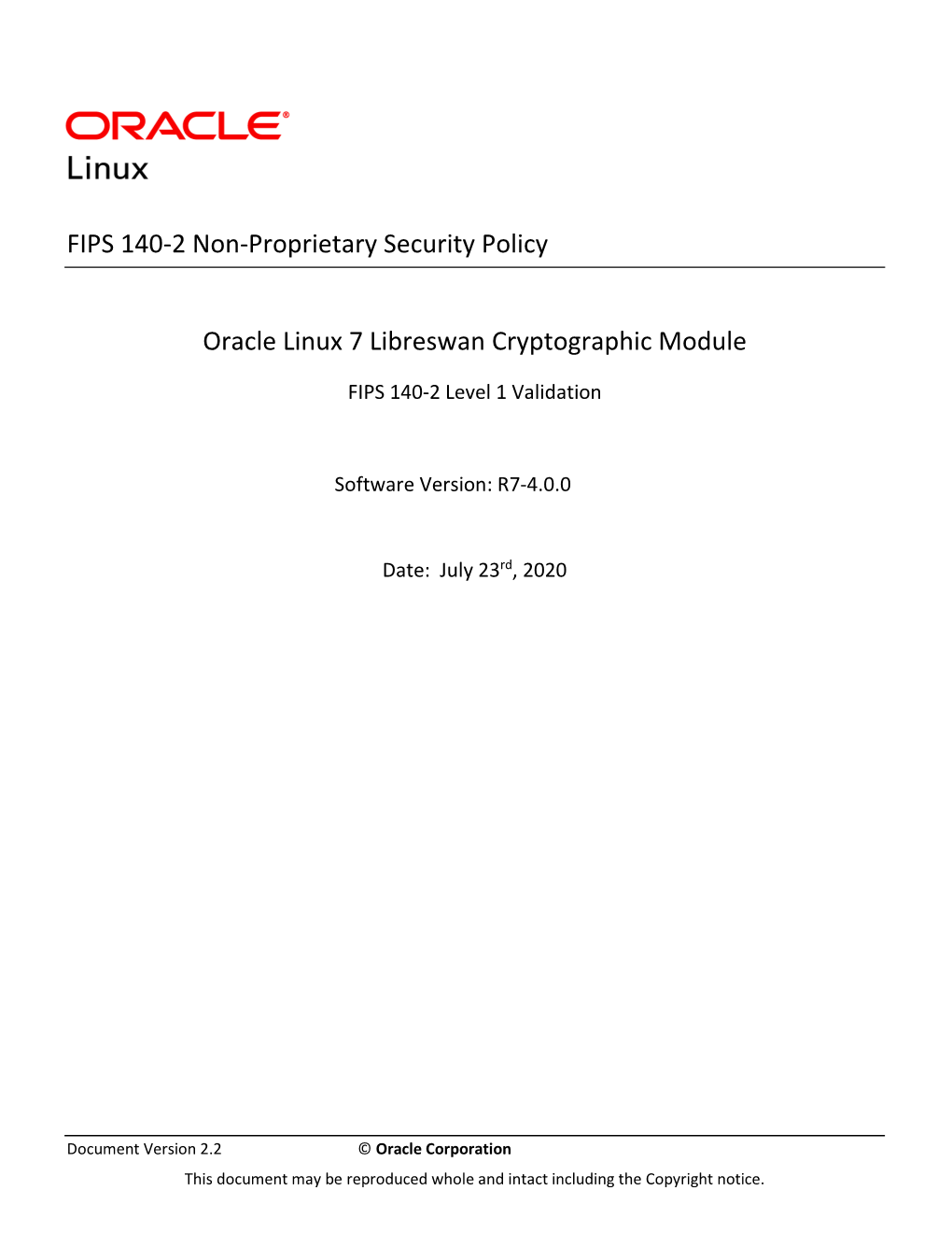 FIPS 140-2 Non-Proprietary Security Policy Oracle Linux 7 Libreswan