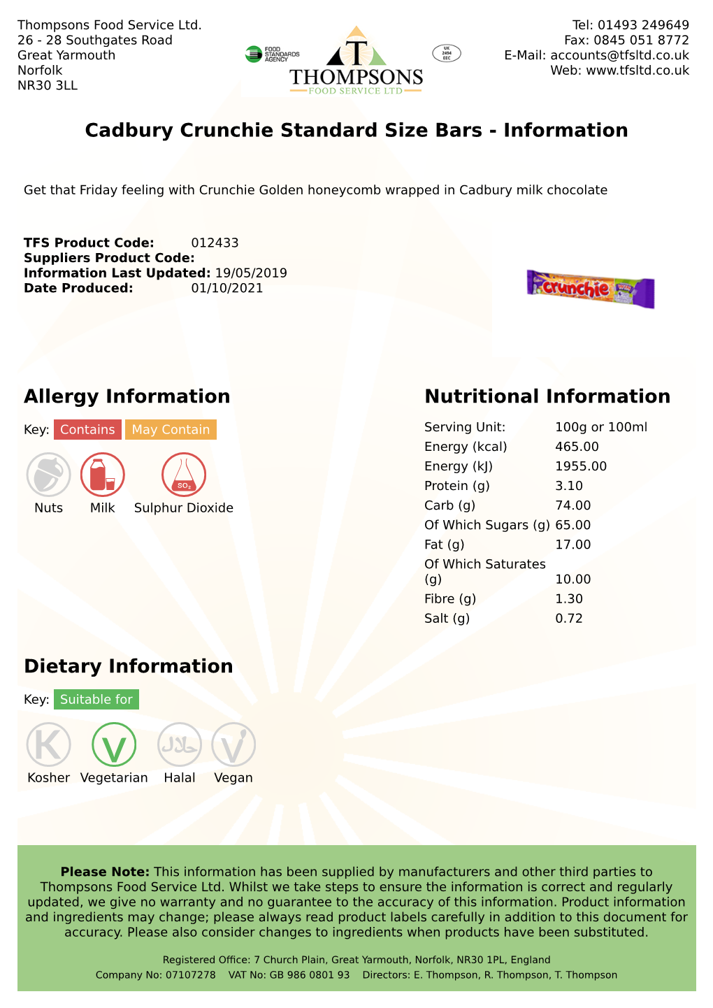 Cadbury Crunchie Standard Size Bars - Information