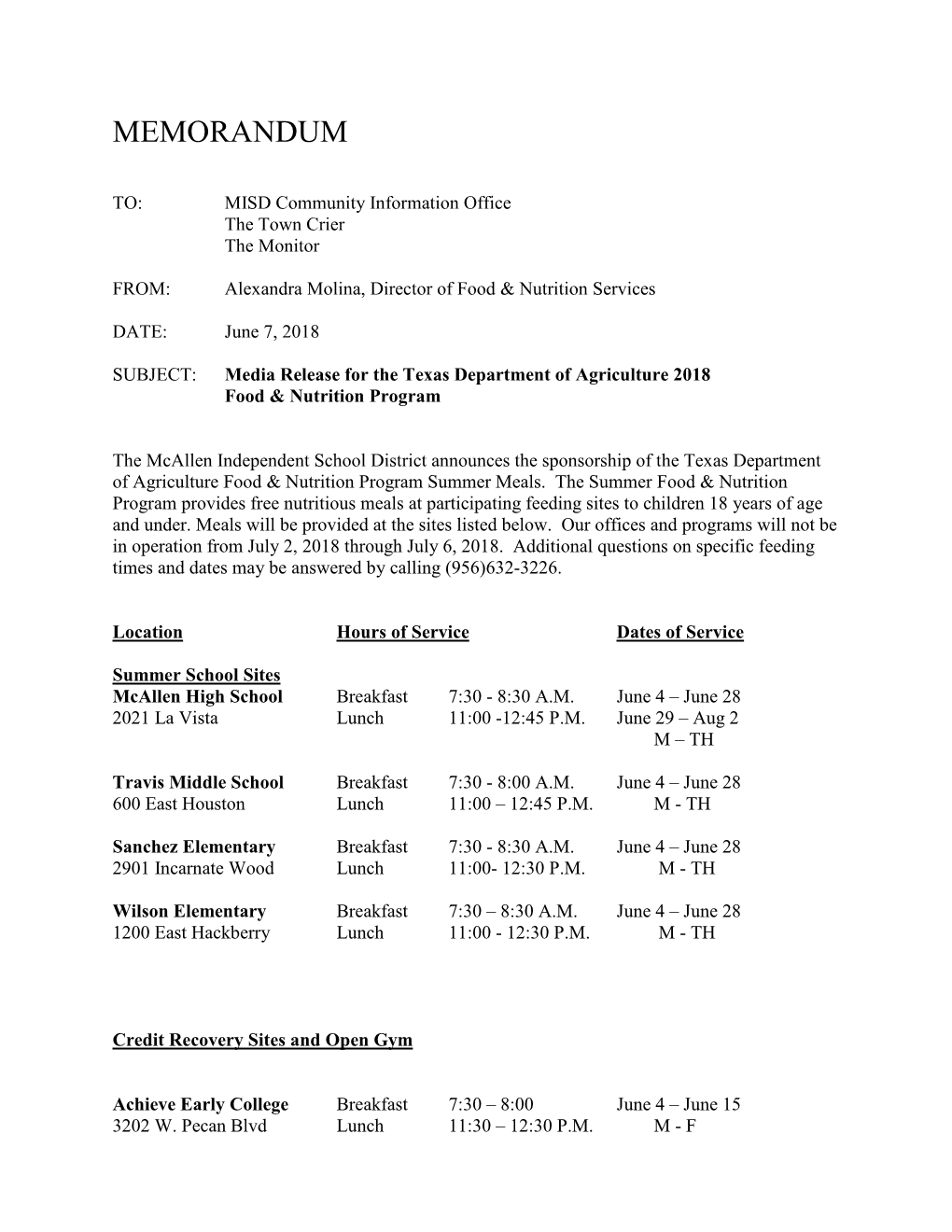 Mcallen Independent School District Announces the Sponsorship of the Texas Department of Agriculture Food & Nutrition Program Summer Meals