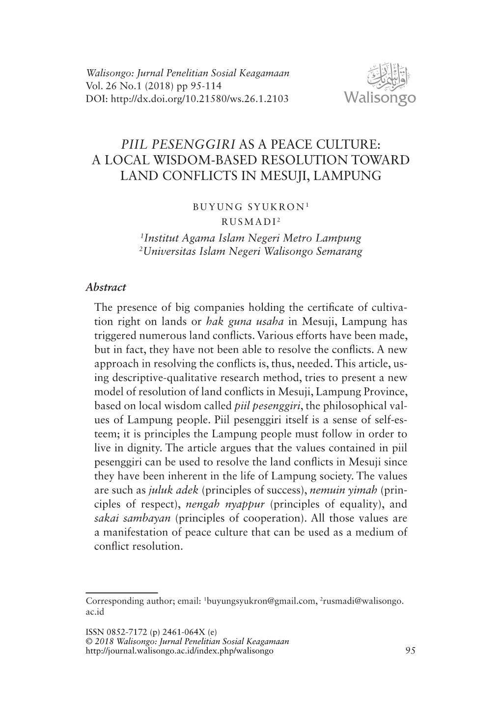 Piil Pesenggiri As a Peace Culture: a Local Wisdom-Based Resolution Toward Land Conflicts in Mesuji, Lampung