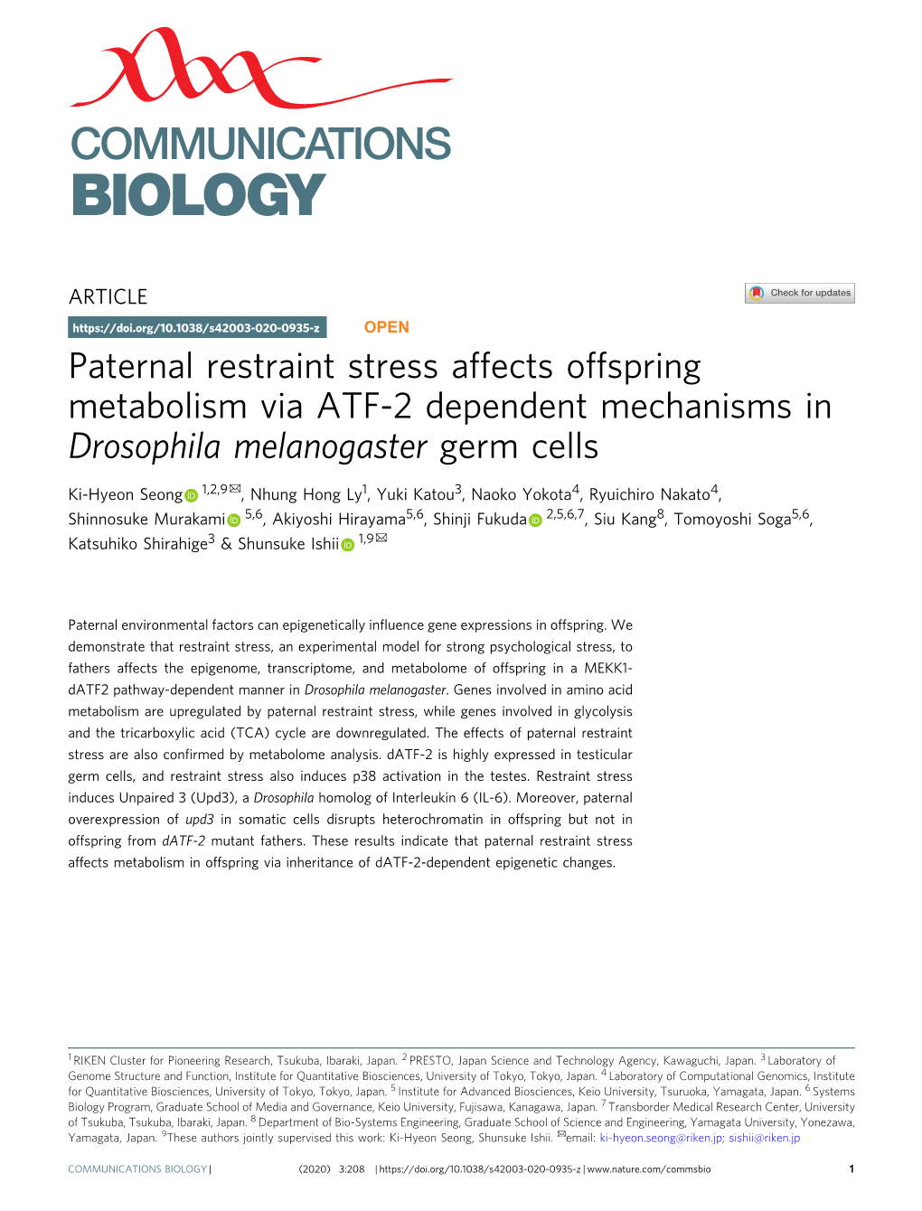 Paternal Restraint Stress Affects Offspring Metabolism Via ATF-2