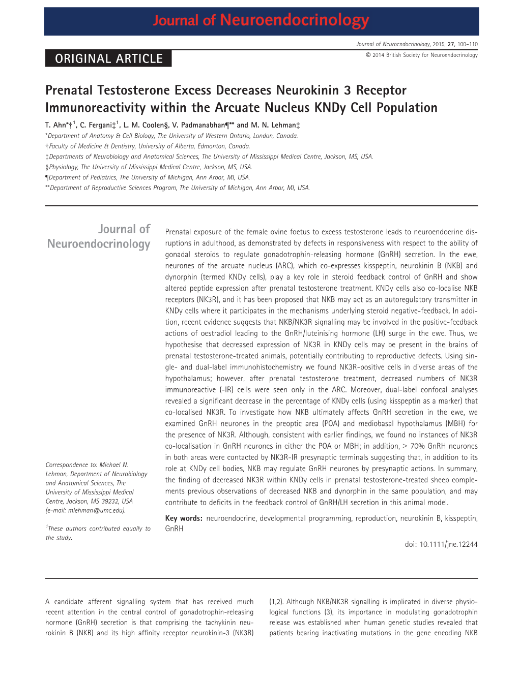 Prenatal Testosterone Excess Decreases Neurokinin 3 Receptor Immunoreactivity Within the Arcuate Nucleus Kndy Cell Population T