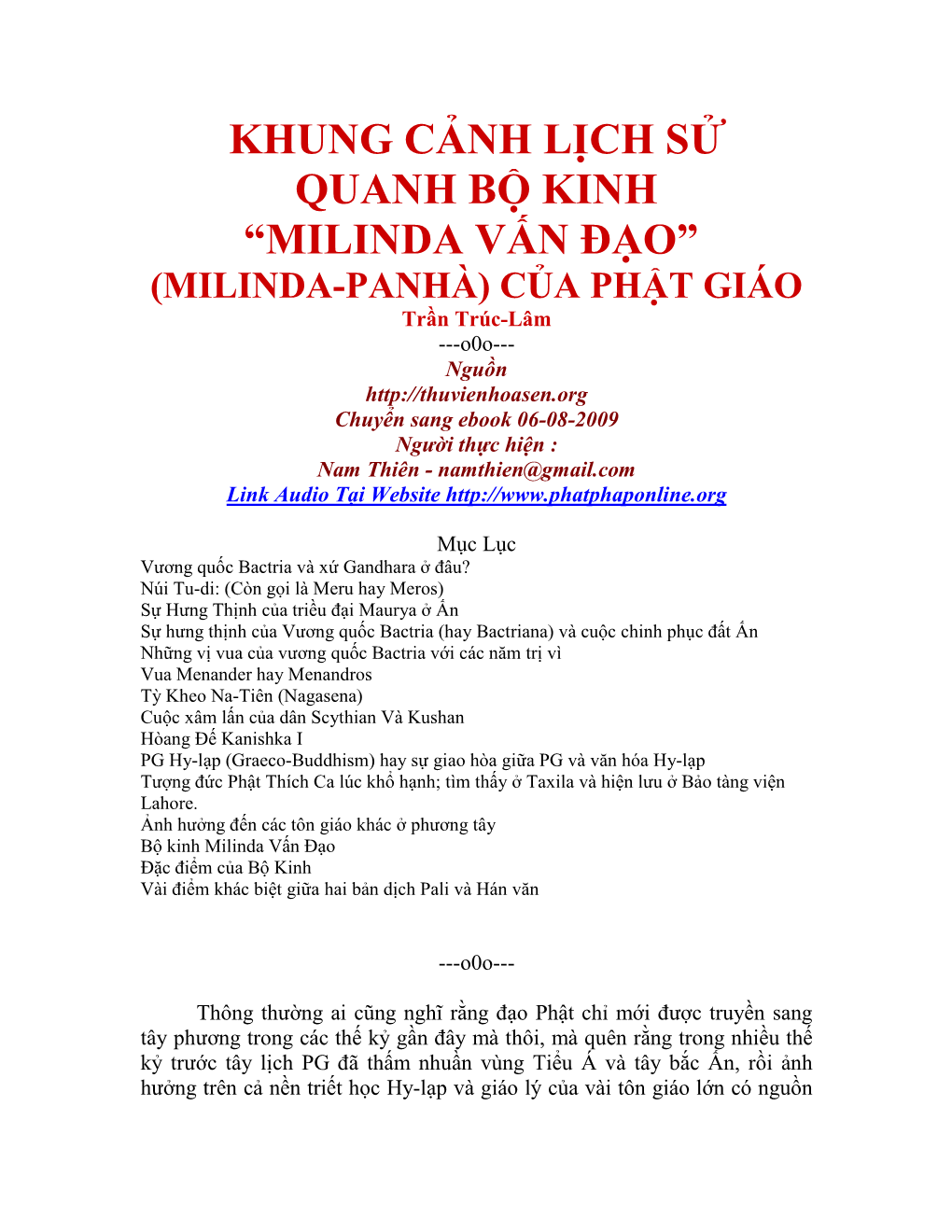 Khung Cảnh Lịch Sử Quanh Bộ Kinh “Milinda Vấn Đạo”