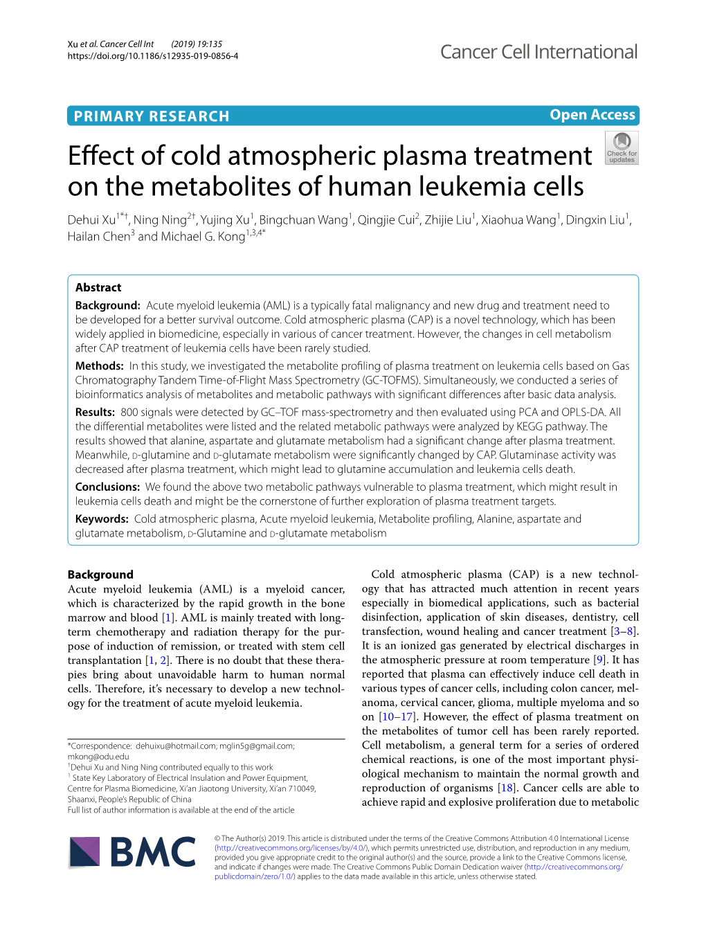 Effect of Cold Atmospheric Plasma Treatment on the Metabolites Of