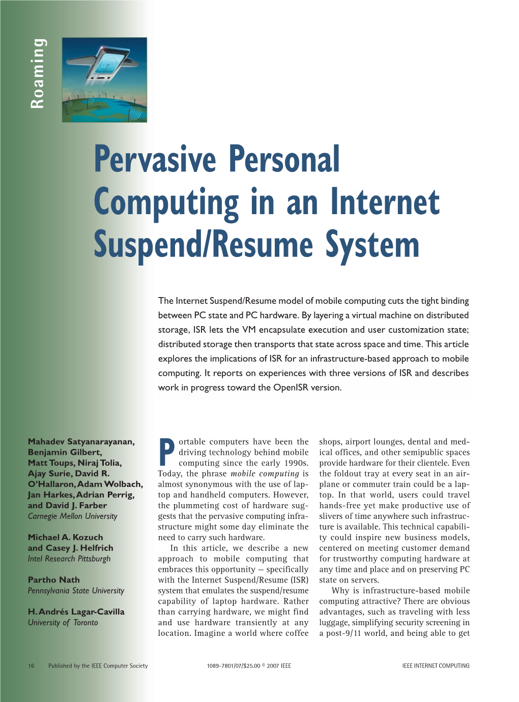 Pervasive Personal Computing in an Internet Suspend/Resume System