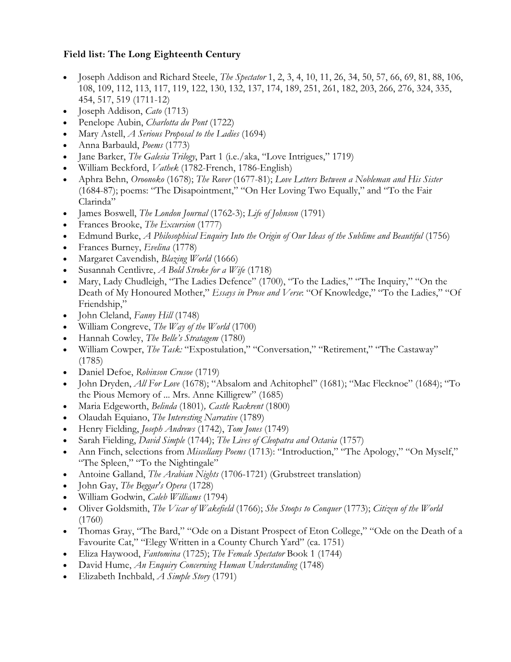 Field List: the Long Eighteenth Century • Joseph Addison And