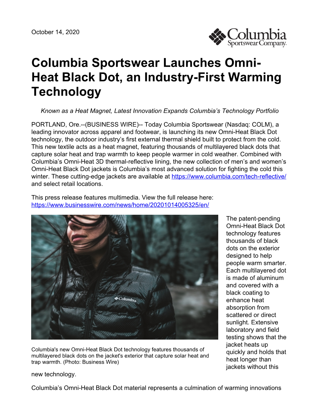 Columbia Sportswear Launches Omni- Heat Black Dot, an Industry-First Warming Technology