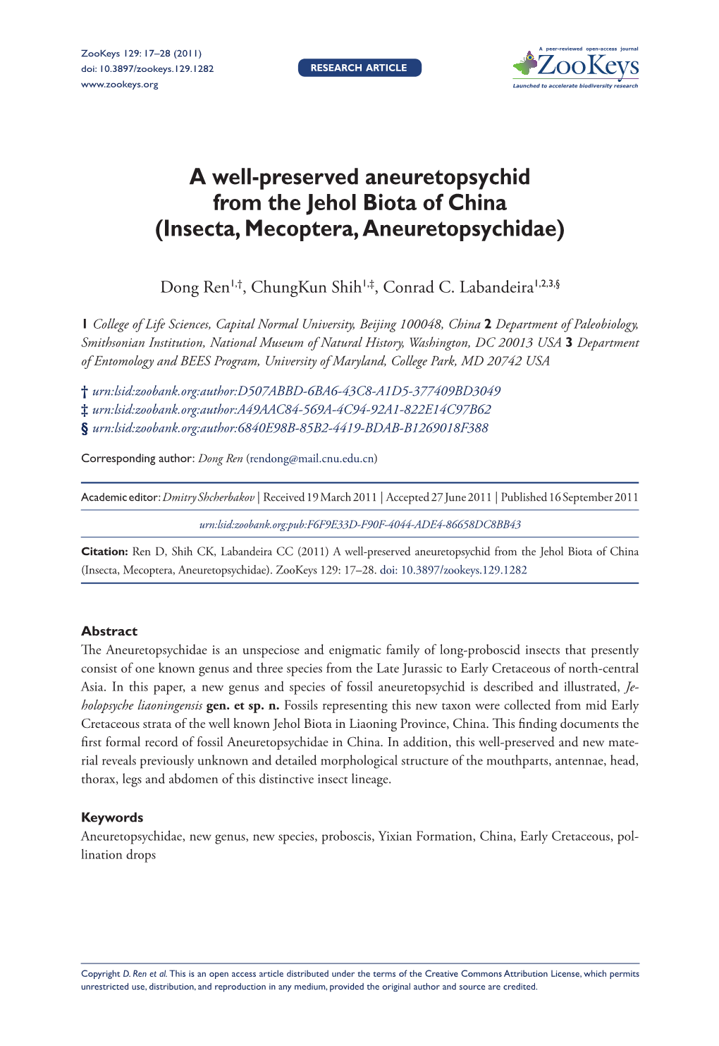 A Well-Preserved Aneuretopsychid from the Jehol Biota of China