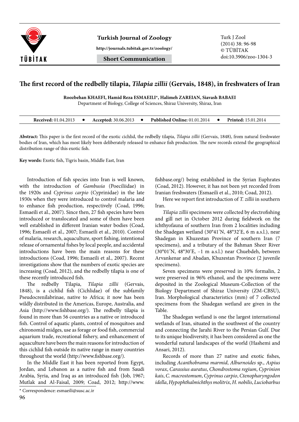 The First Record of the Redbelly Tilapia, Tilapia Zillii (Gervais, 1848), in Freshwaters of Iran