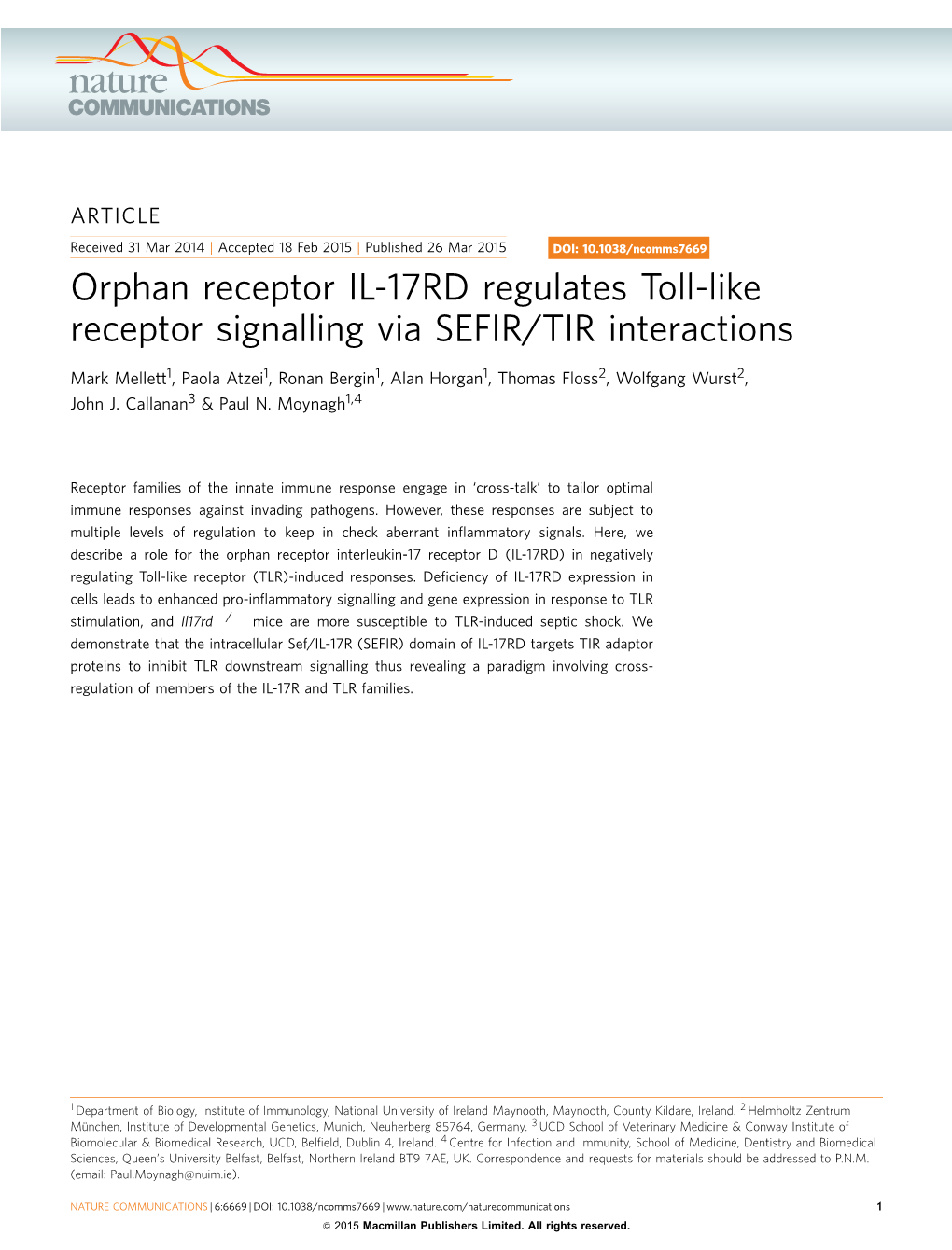 Orphan Receptor IL-17RD Regulates Toll-Like Receptor Signalling Via SEFIR/TIR Interactions