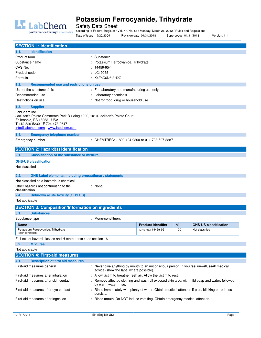 Potassium Ferrocyanide, Trihydrate Safety Data Sheet According to Federal Register / Vol