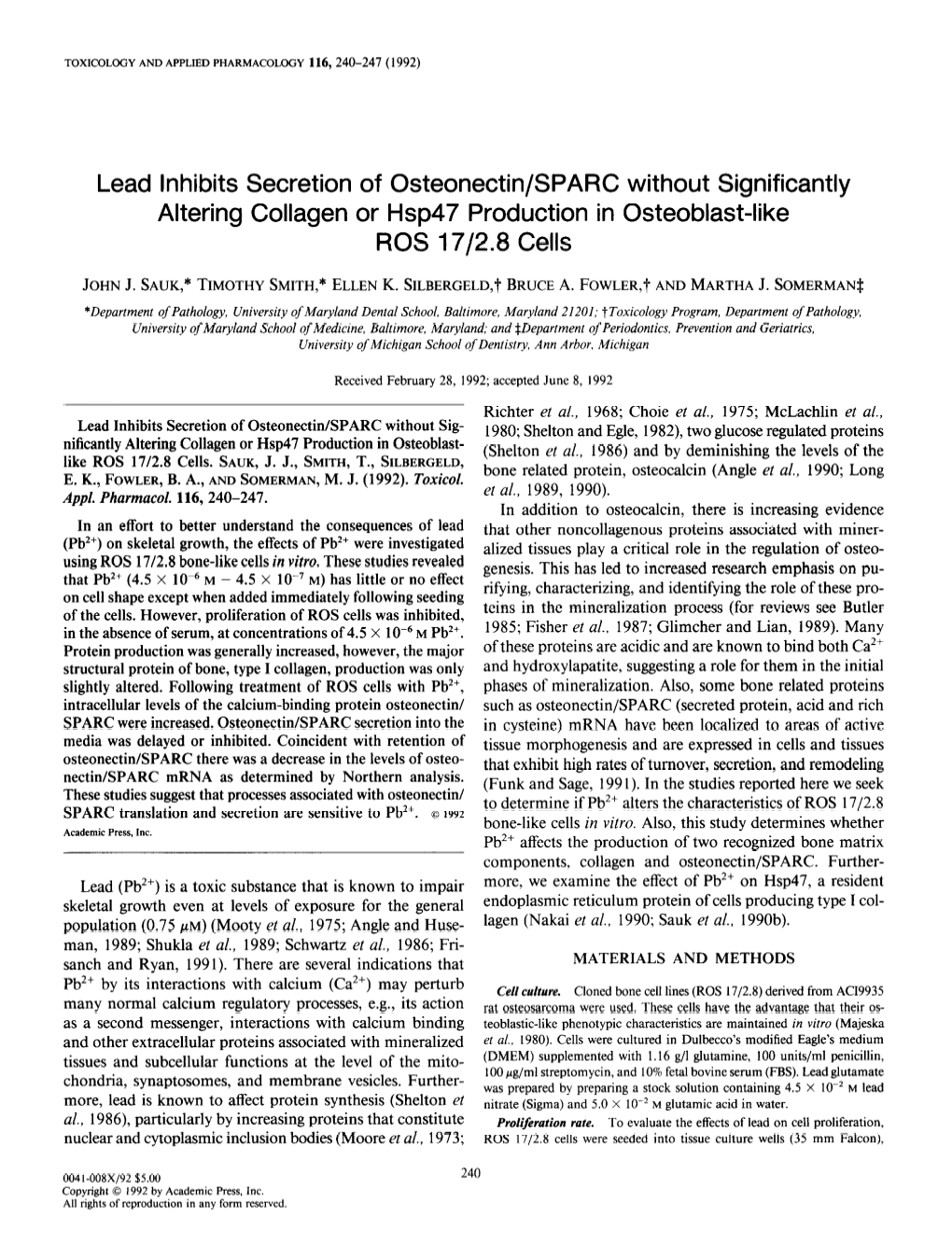 Lead Inhibits Secretion of Osteonectin/SPARC Without Significantly Altering Collagen Or Hsp47 Production in Osteoblast-Like ROS 17/2.8 Cells